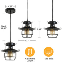 Vintage Farmhouse Pendant Light Rustic Metal Caged Pendant Lights Black Cage Hanging Lamp For Kitchen Island Entryy Bedrooms Living Room Barn,Adjustable Height,E26 Bulb 1 Light